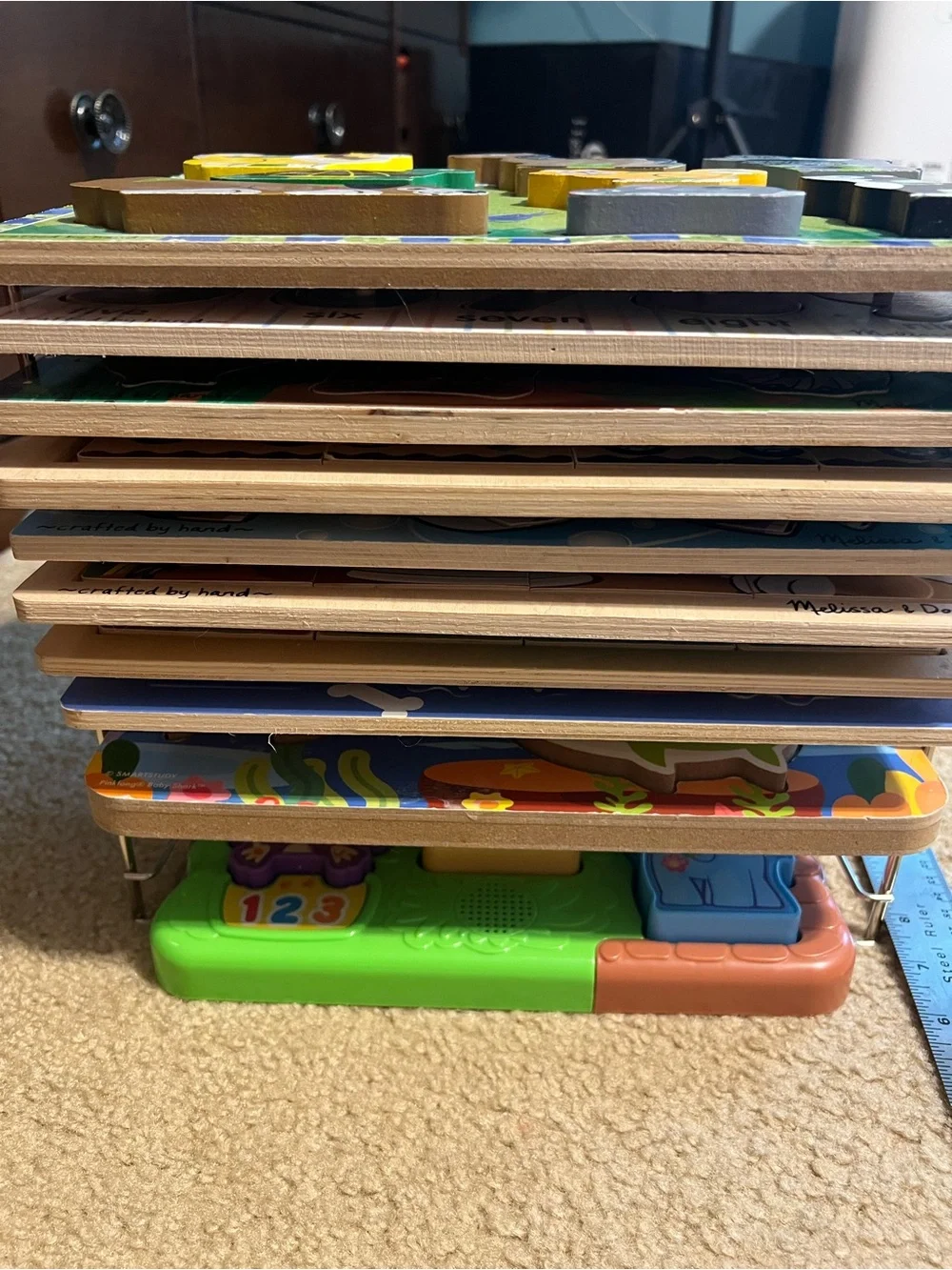 Lot of 10 kids board puzzles and melissa & Doug stand - 2 with sounds